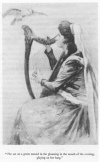 She sat on a green mound in the gloaming in the mouth of the evening, playing on her harp.